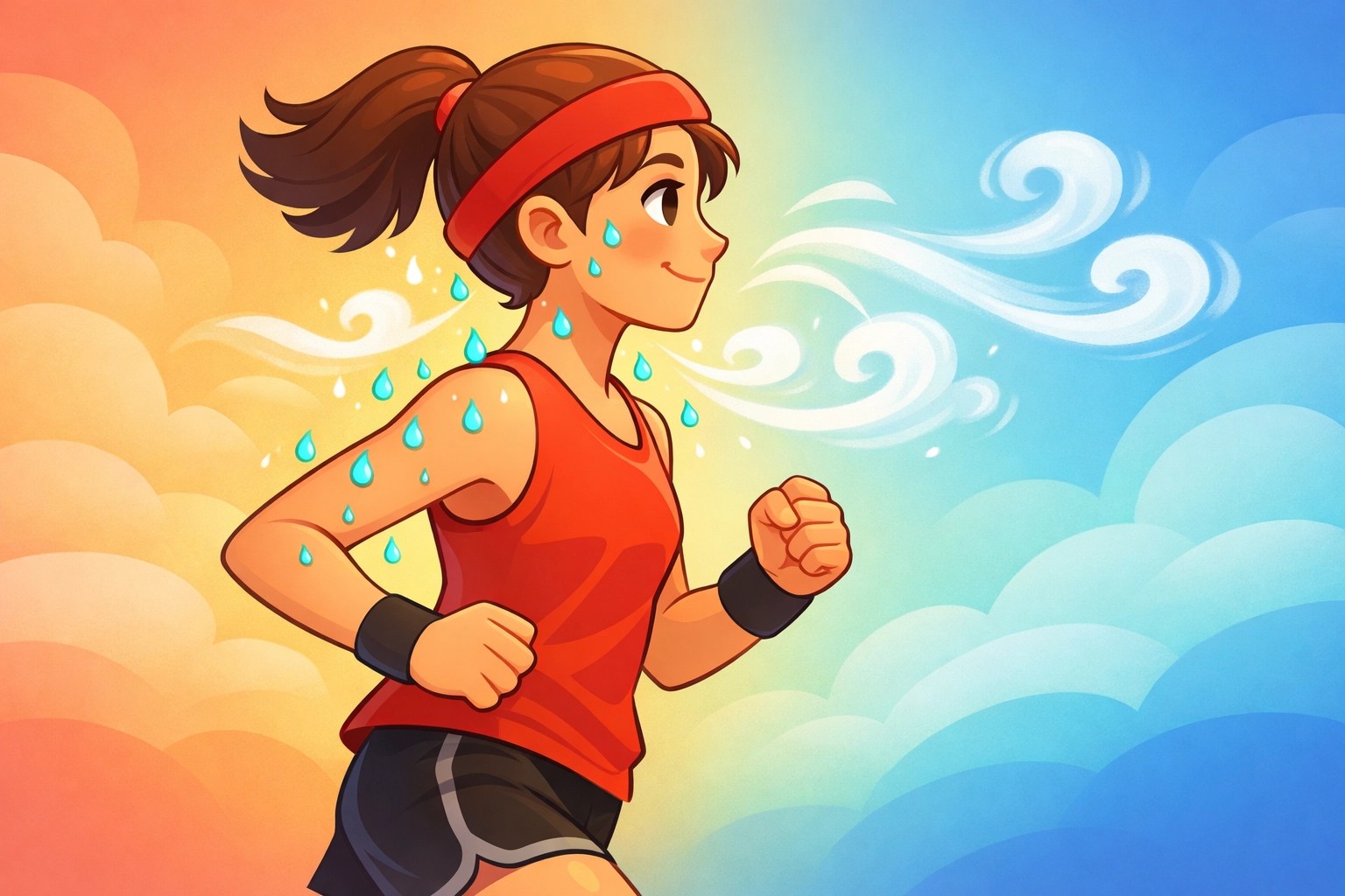 Illustration of a person jogging showing how sweating naturally regulates body temperature and cooling.