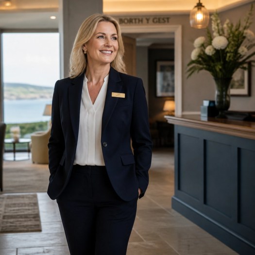 A confident hotel manager in a fresh, clean lobby environment