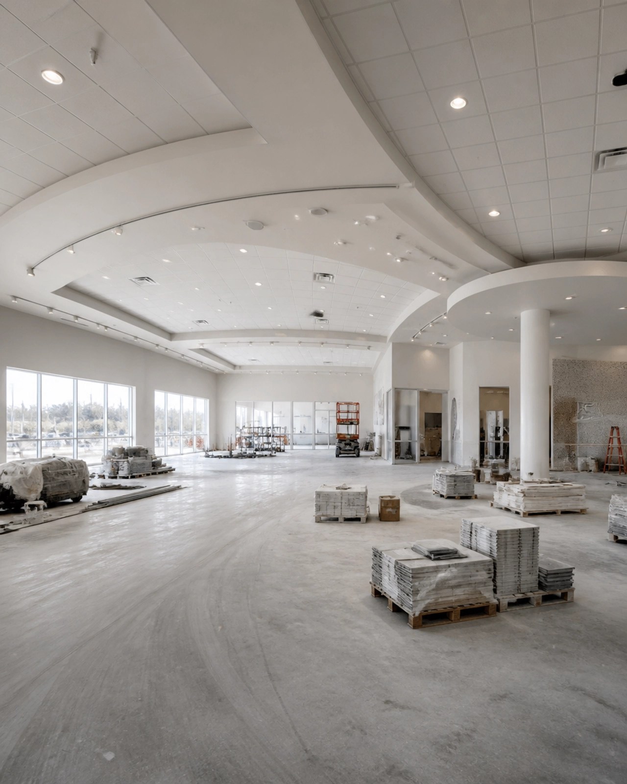 A large industrial warehouse during renovation, captured in a high-contrast, desaturated style to emphasize scale and structure.