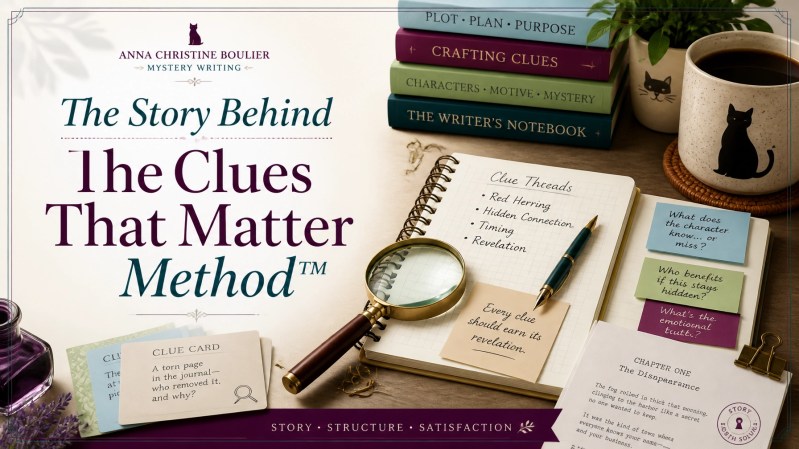 The Story Behind The Clues That Matter Method™ polished hero graphic with mystery-writing elements, clue cards, notebook, magnifying glass, and strong editorial title treatment