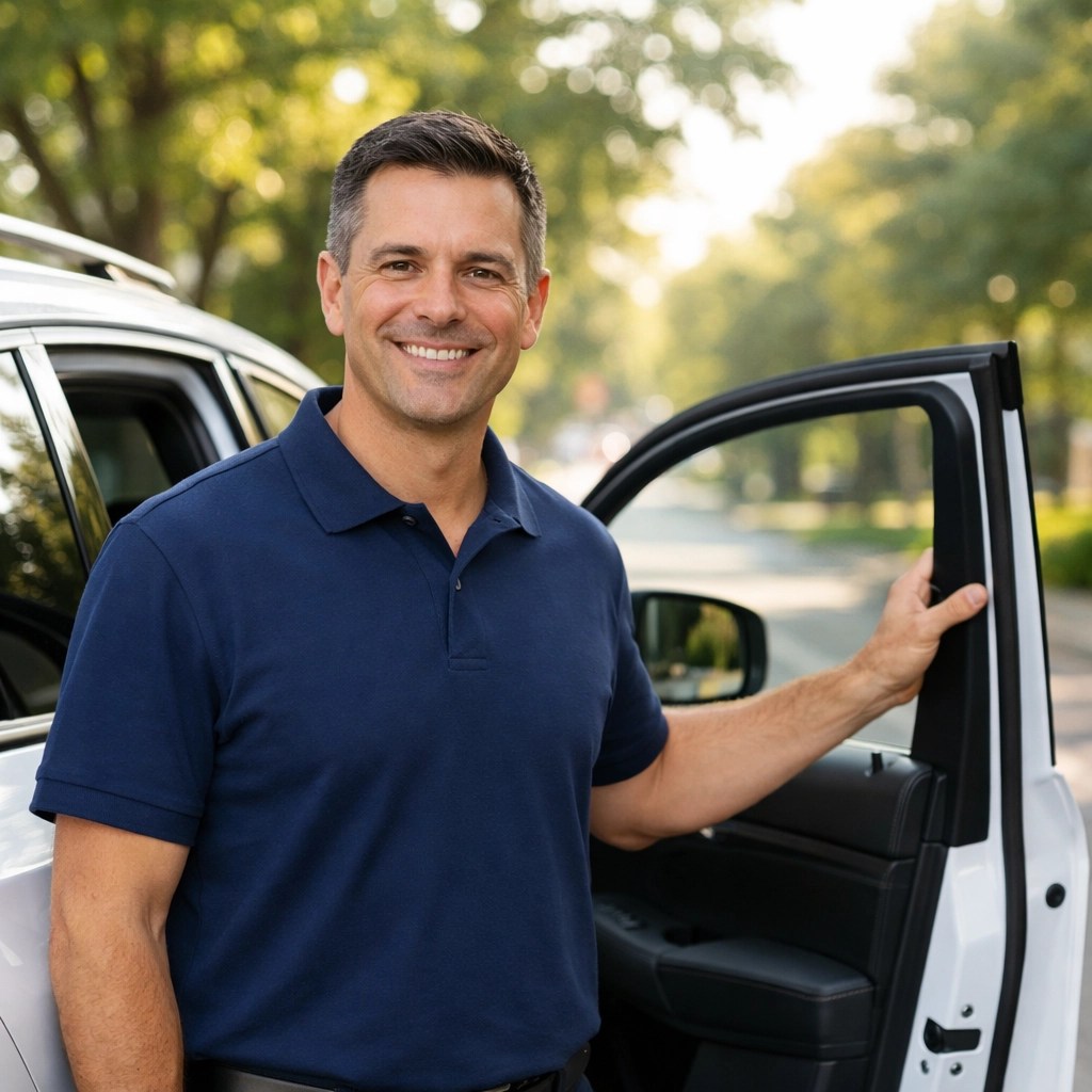 A professional driver smiling and holding an SUV door open for a medical ride pickup in a quiet neighborhood.