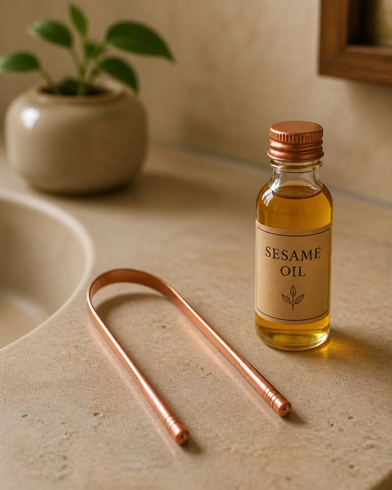 An elegant arrangement of a copper tongue scraper and sesame oil, illuminated by warm natural light.