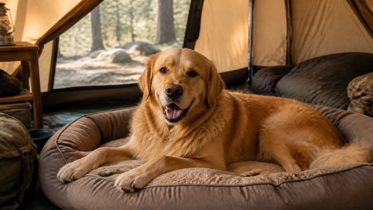 A high-quality photograph of a golden retriever resting comfortably on a padded dog bed inside a spacious camping tent. The morning light is soft and filtered through the tent fabric, creating a warm, cozy atmosphere.