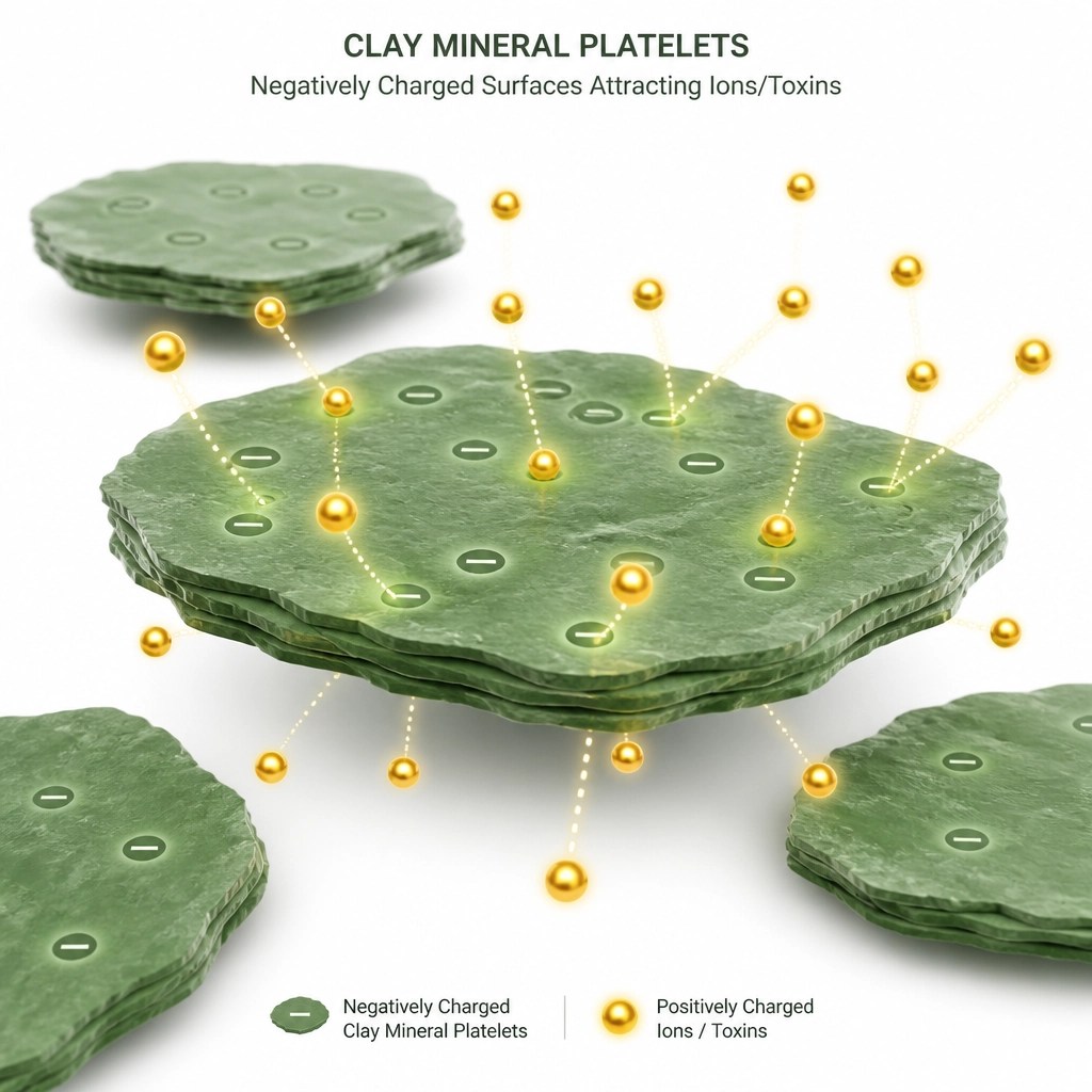 Microscopic visualization of clay platelets attracting ions