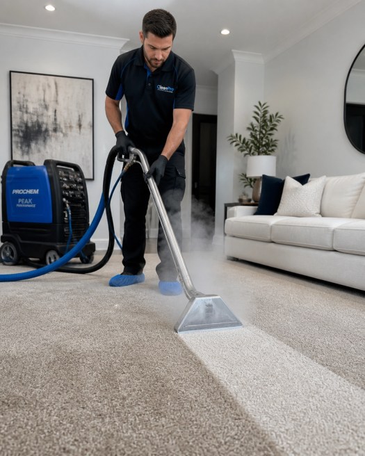Professional carpet cleaning technician using a steam extraction wand on a thick, high-quality carpet.