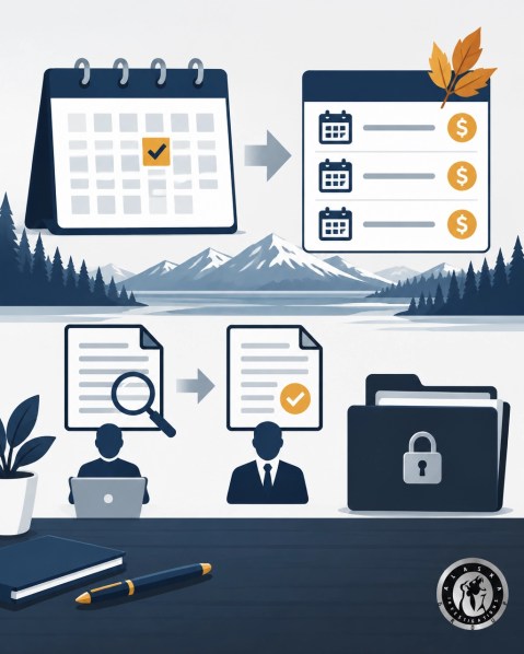 Procedural illustration of PFD timing, an April threshold, an autumn payment schedule, and counsel review