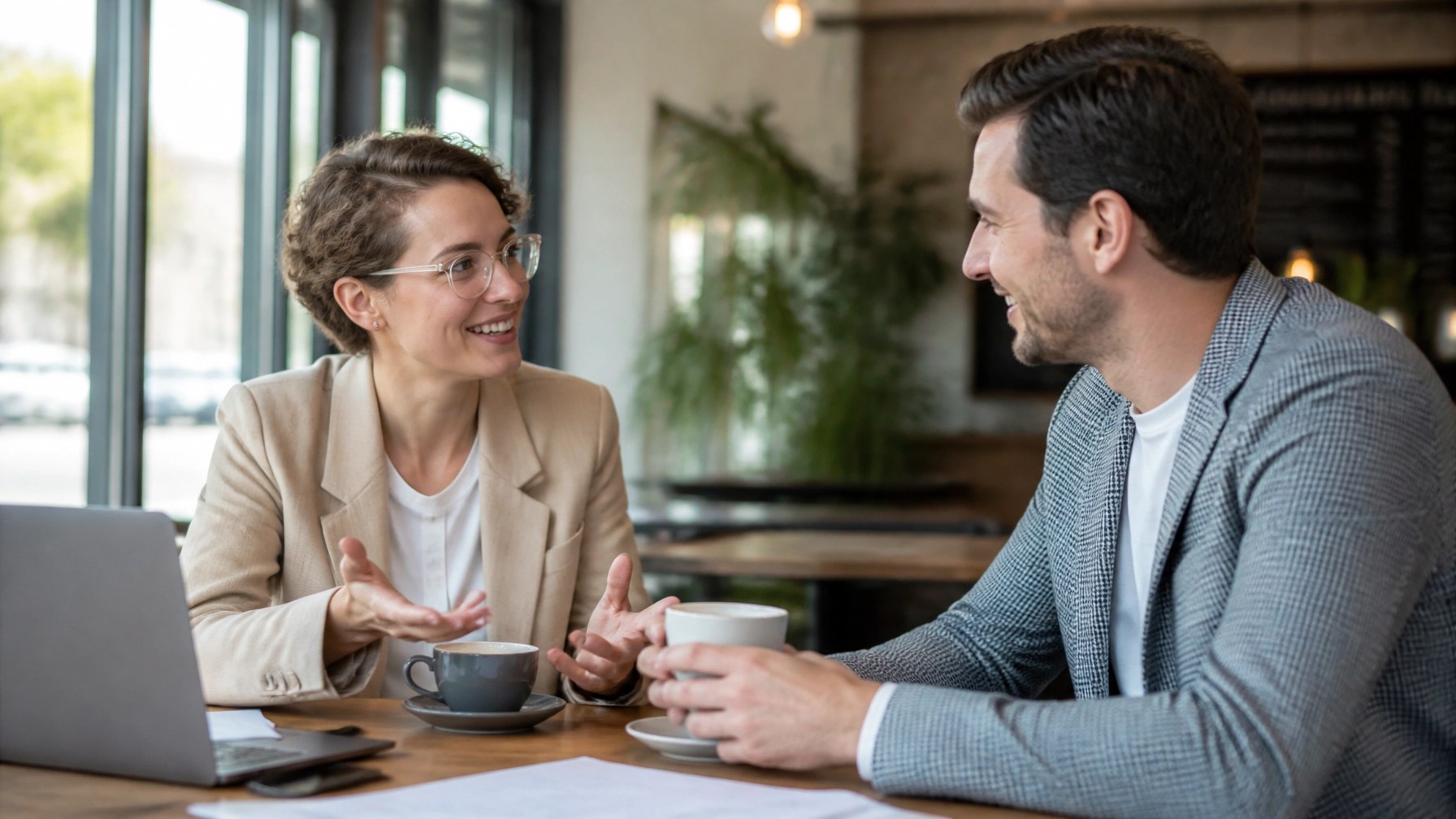 Two people having a friendly business meeting over coffee