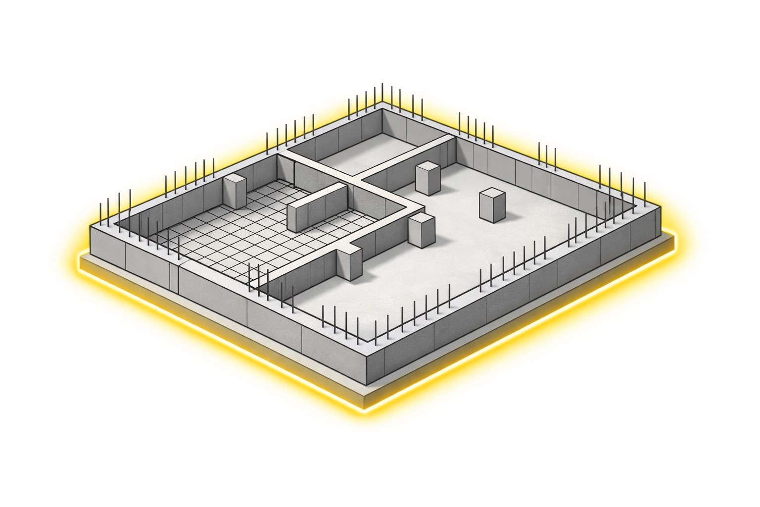 Isometric view of a new house foundation and structural base for custom construction.