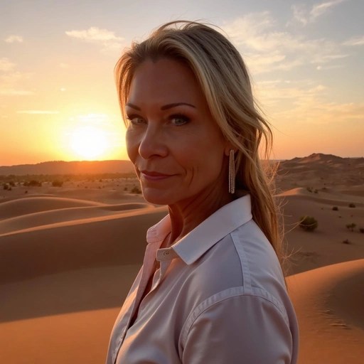 A professional musician in a desert landscape at sunset, reflecting the artistry and sophistication of a Carrie Caruso Music performance.