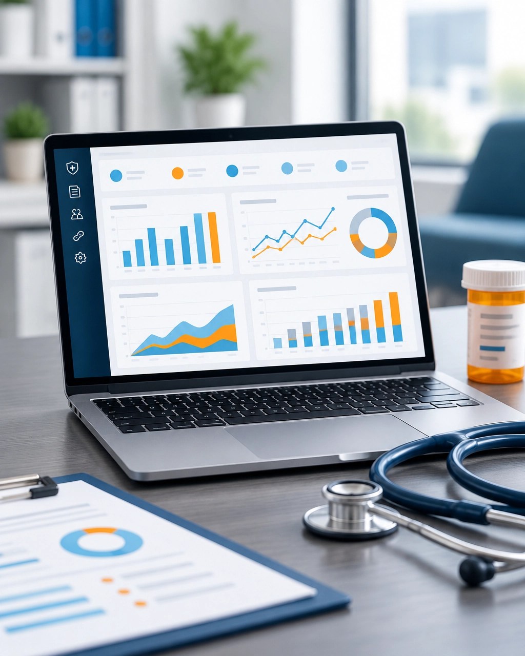 Laptop displaying abstract compliance and claims analytics beside a stethoscope and prescription bottle