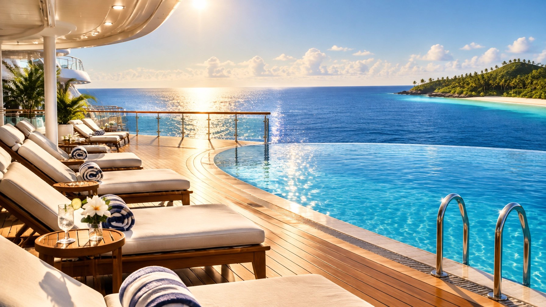 Peaceful cruise ship pool deck with empty loungers, sparkling water, and a tropical shoreline
