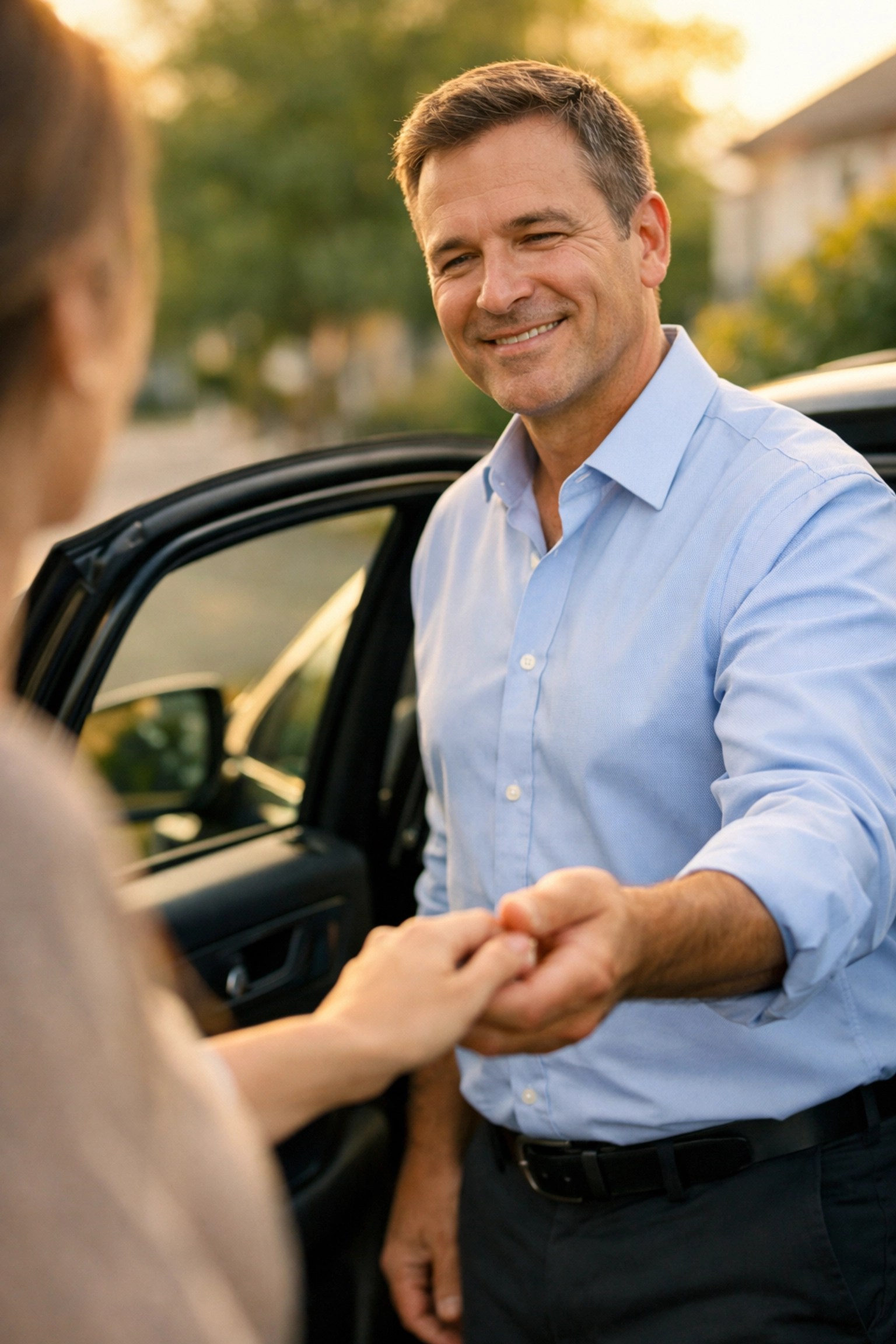 Professional driver assisting a patient at a vehicle door, highlighting door-to-door medical ride safety.
