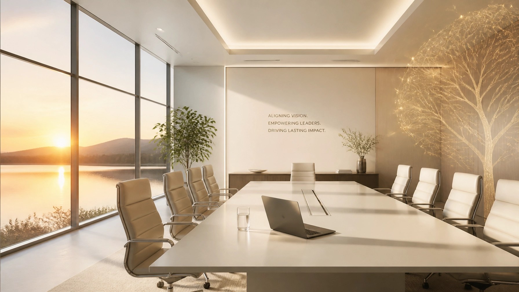 Serene executive boardroom representing organizational alignment and clarity