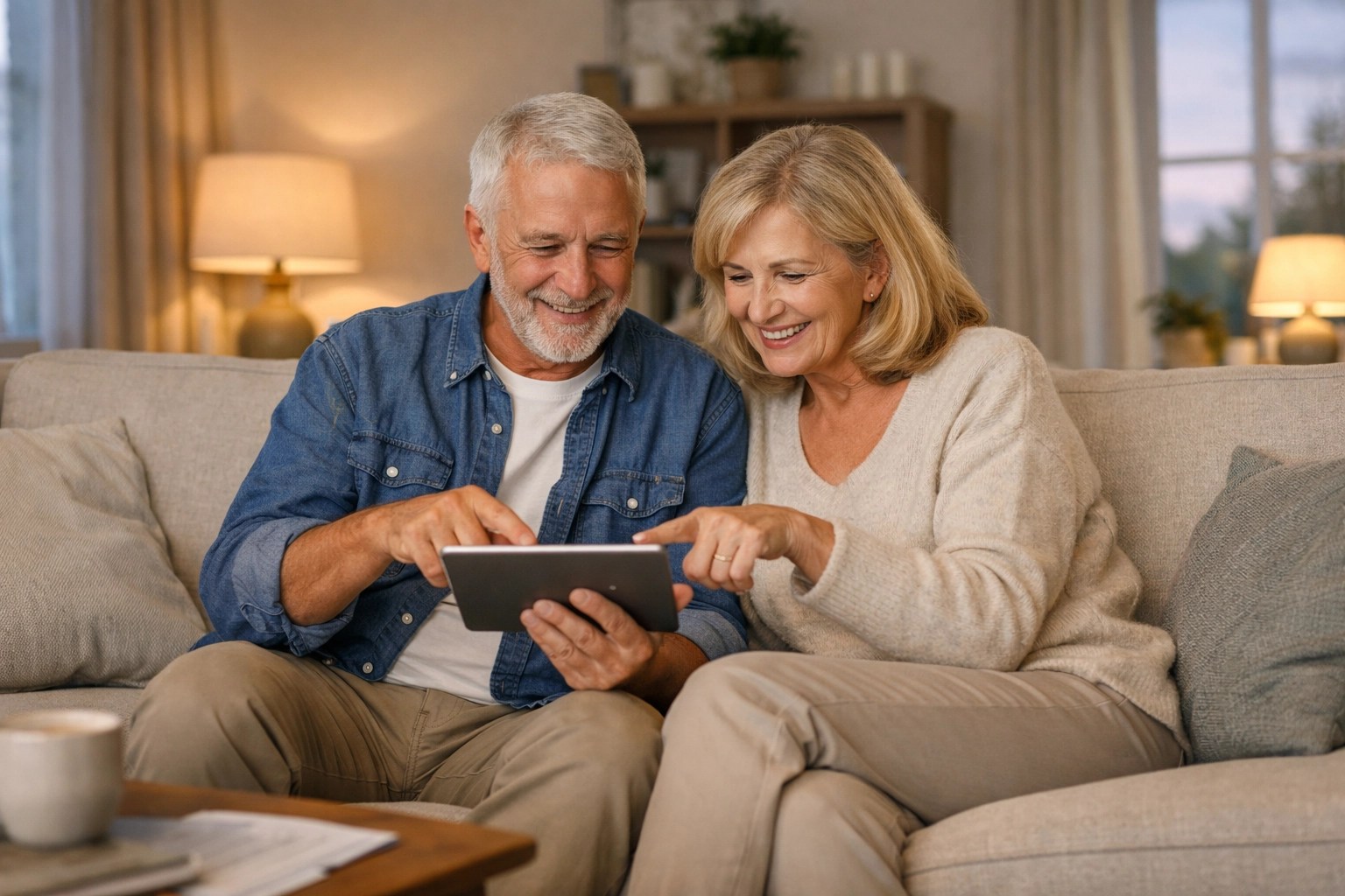 A retired couple comfortably discussing their financial plan and debt payoff strategy together.