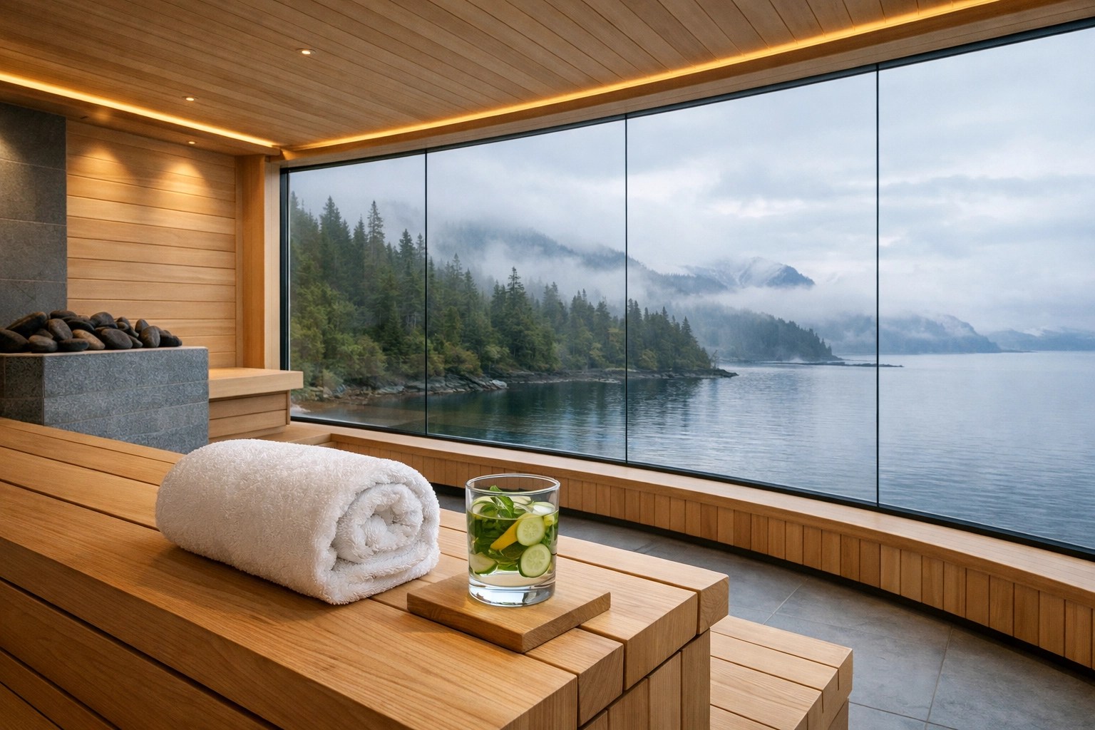 Modern luxury cruise ship sauna with panoramic glass windows viewing a misty Alaskan forest and bay.