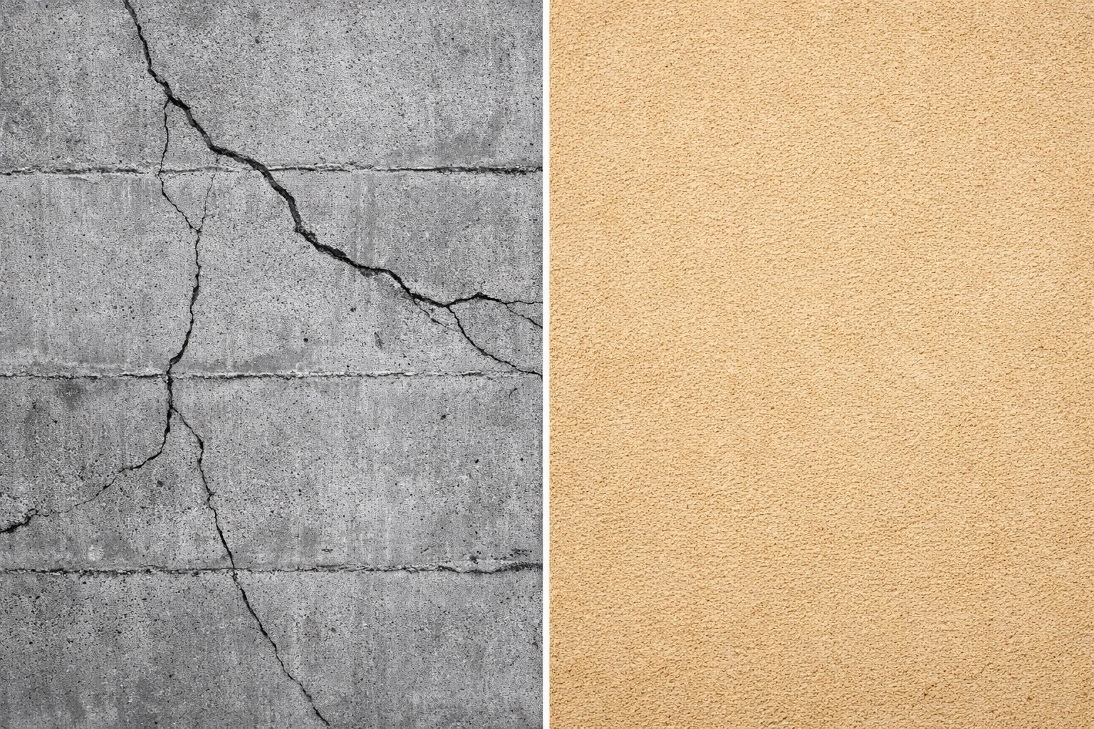 Comparison of cracked concrete wall versus smooth hempcrete wall demonstrating flexibility