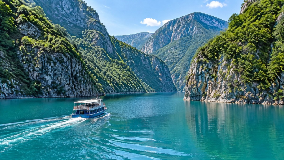 Ferry crossing Lake Koman through the dramatic canyons of northern Albania