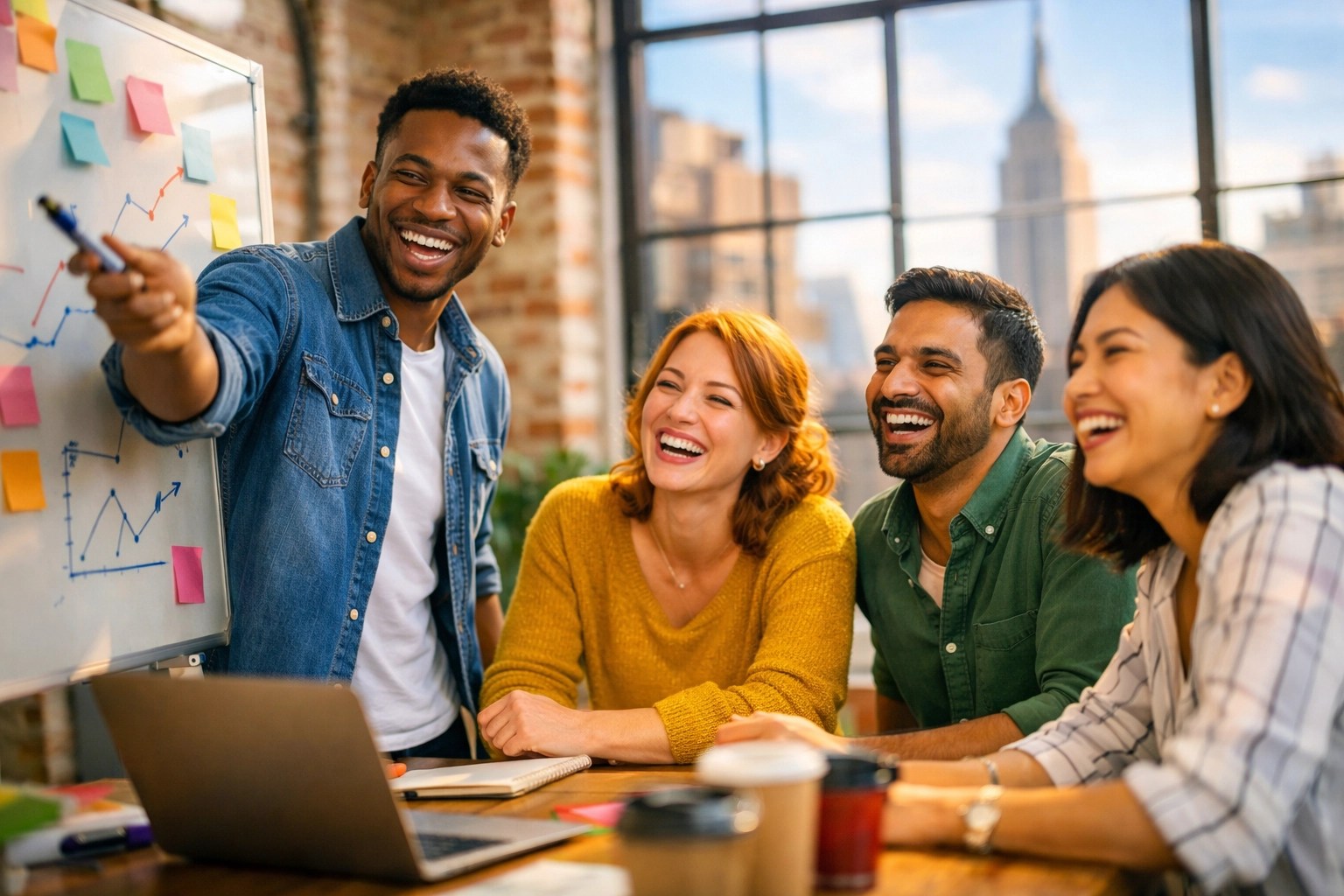 Diverse New York employees laughing in a loft office, representing strong group health insurance benefits.