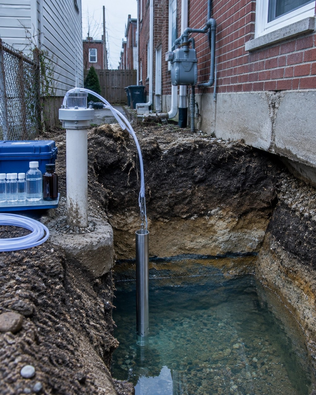 Groundwater monitoring well and sampling equipment beside a former heating oil tank excavation