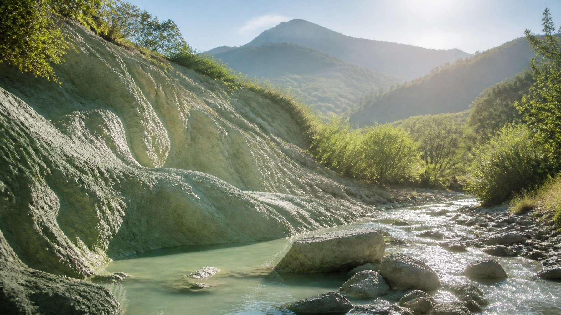 A beautiful, serene landscape showing natural mineral-rich earth and French green clay deposits near a clean stream