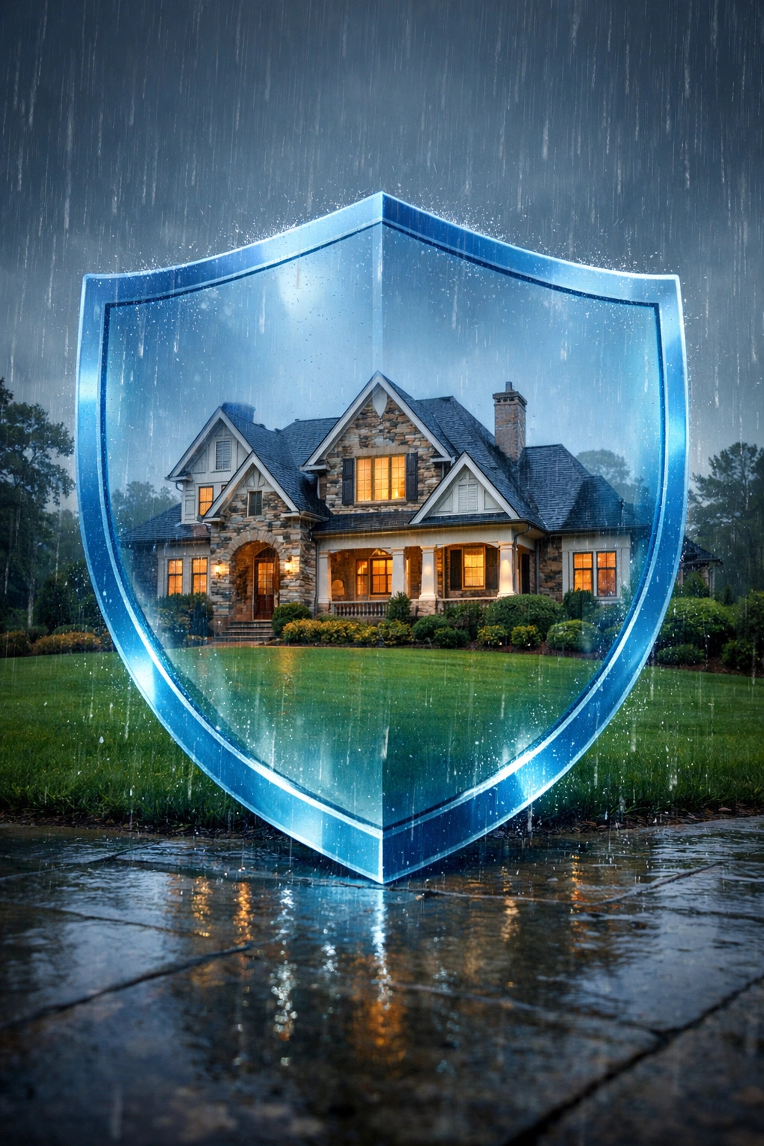 A protective shield over a home in the rain, illustrating insurance deductible protection under HB 511 across North Georgia and the Atlanta area.