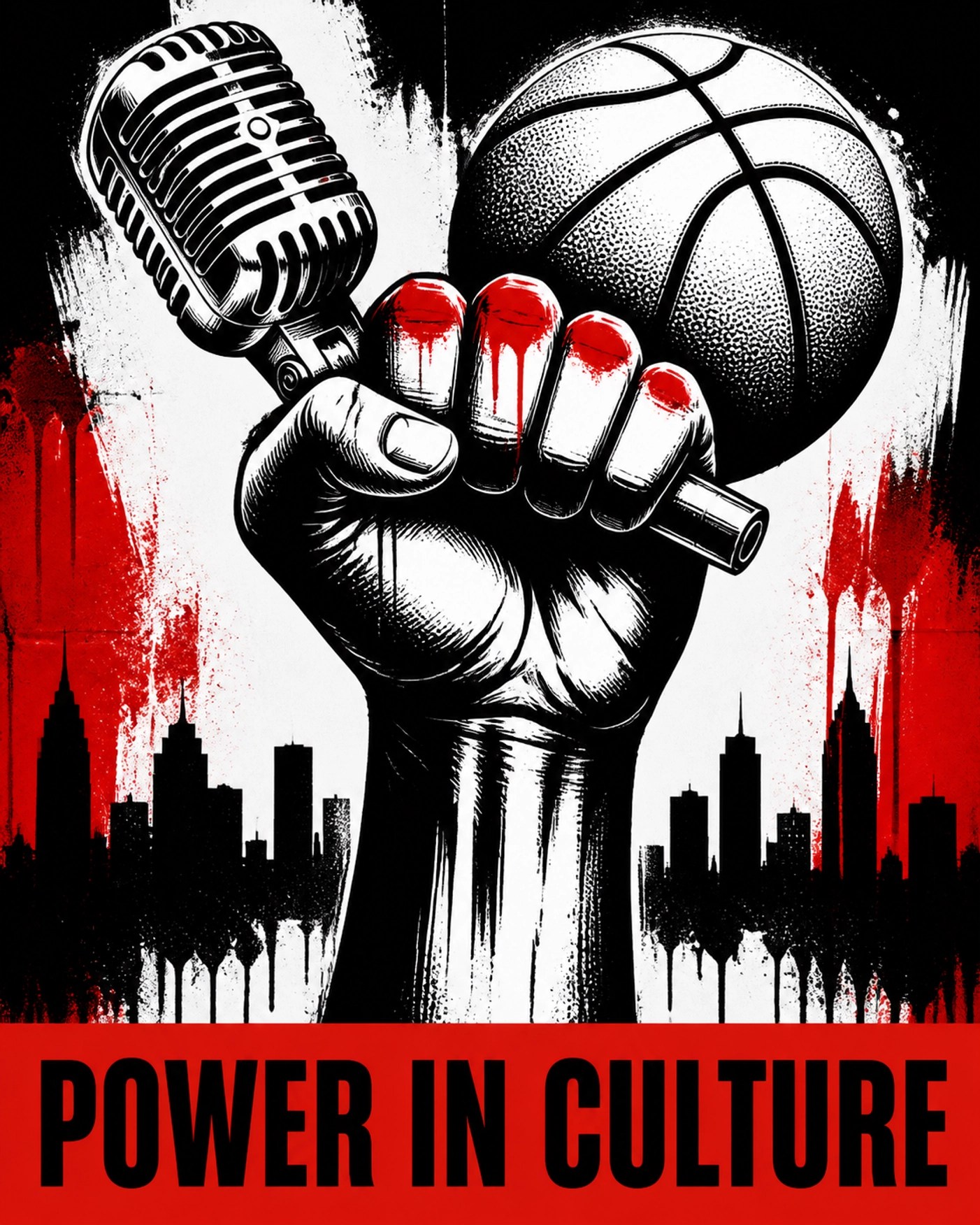 Illustration of a fist holding a microphone and basketball with 'Power in Culture' text, symbolizing community leverage.