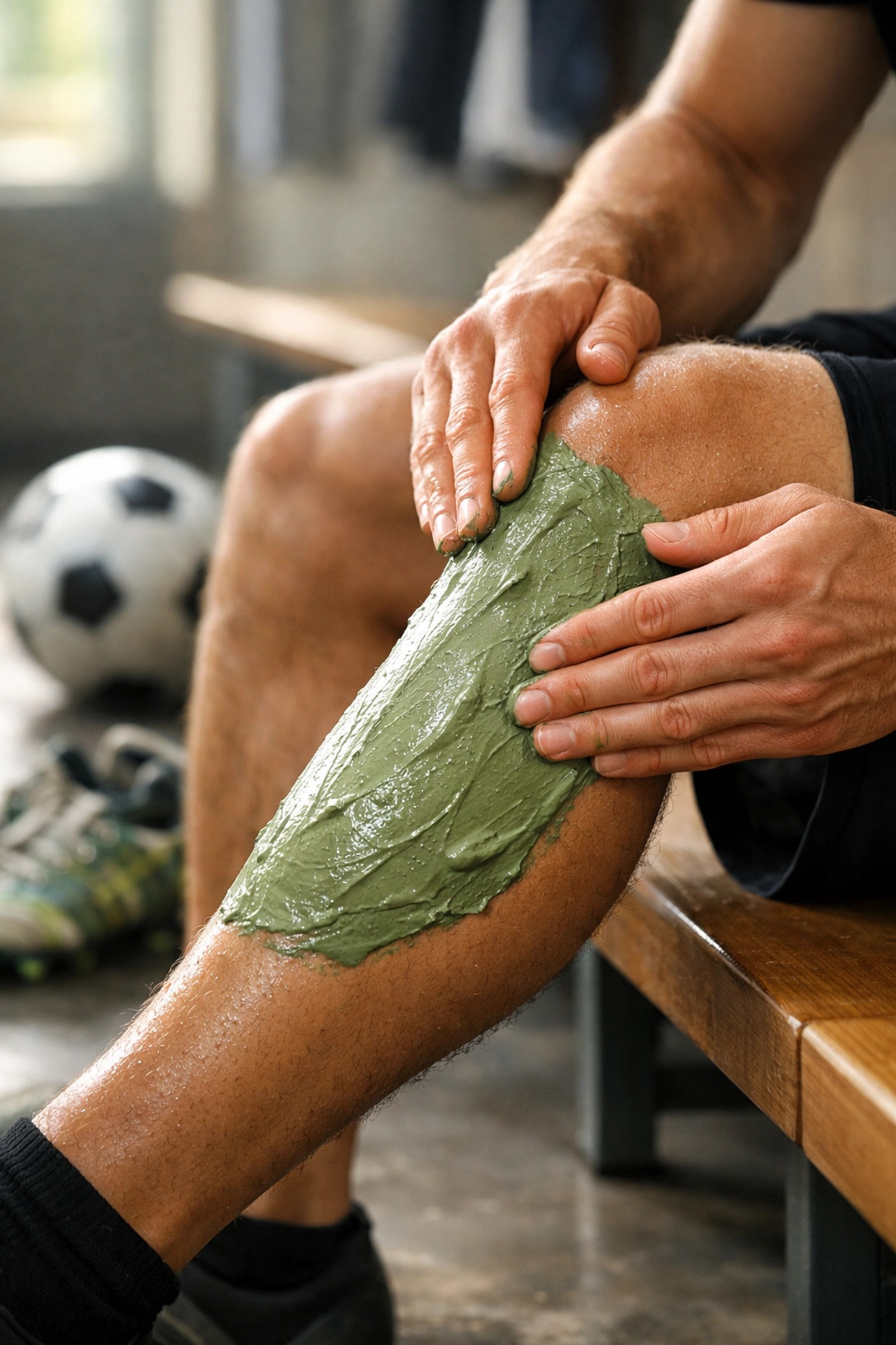 A soccer player applying a thick layer of green clay to their legs for professional sports recovery.