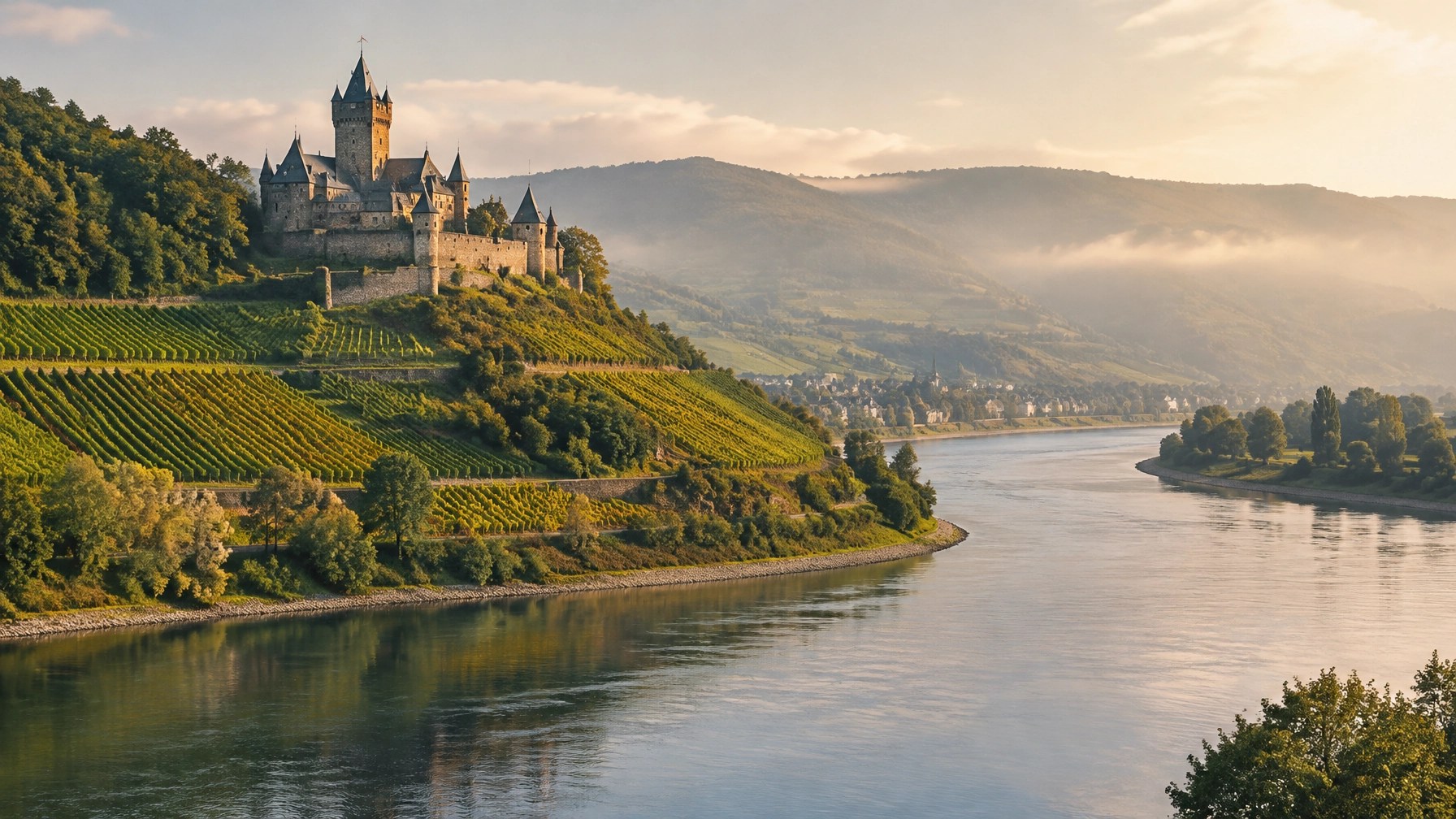 A peaceful Rhine river bend with vineyards and a castle in the distance
