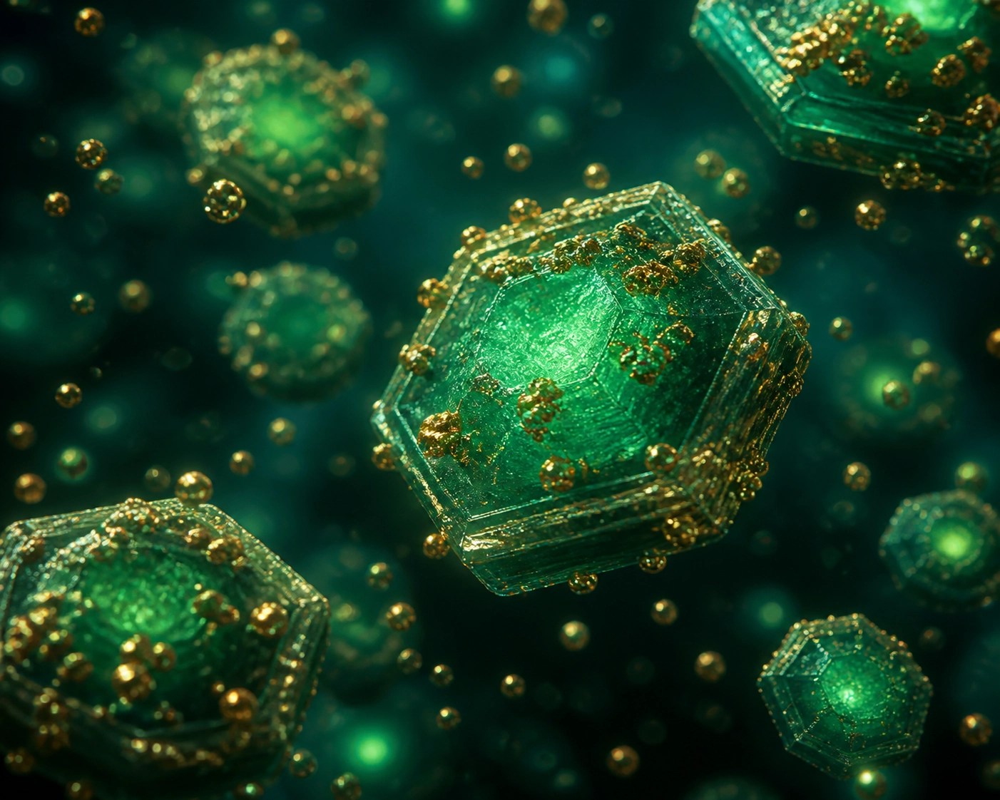 Microscopic green clay minerals attracting and binding toxins through adsorption science.