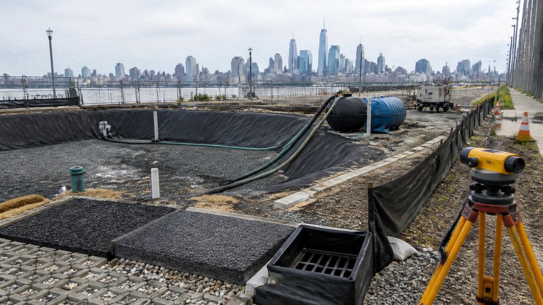 Waterfront construction preparation with dewatering hoses, treatment tanks, erosion controls, and stormwater BMPs at a generic Hudson County site