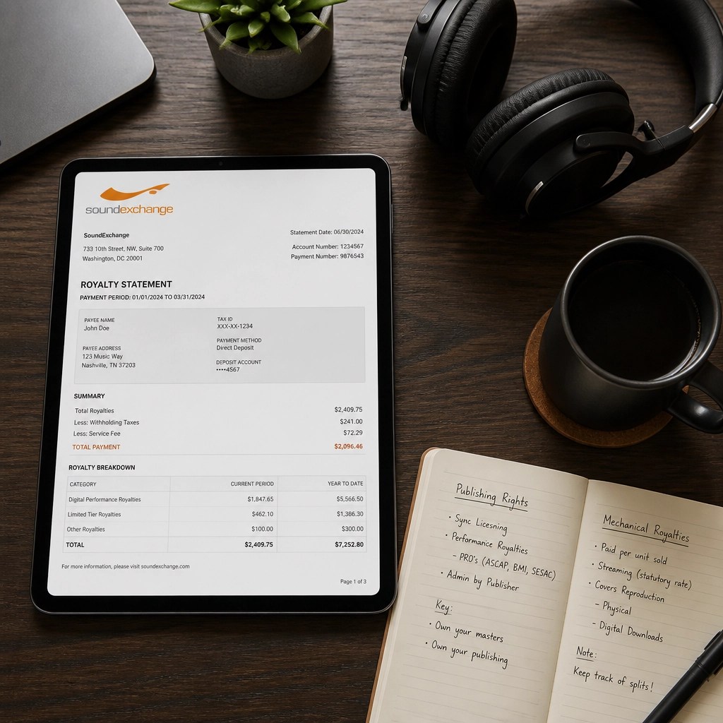 A professional workspace with SoundExchange statements and publishing notes