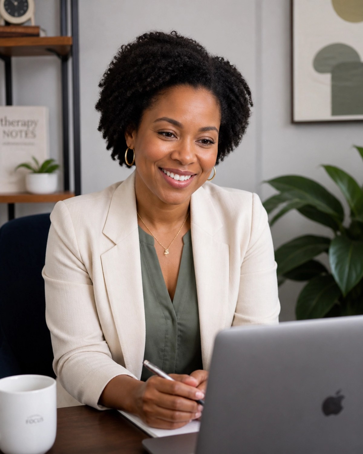 A professional Black therapist providing a virtual counseling session, illustrating the supportive partnership offered at Legacy Family Services.