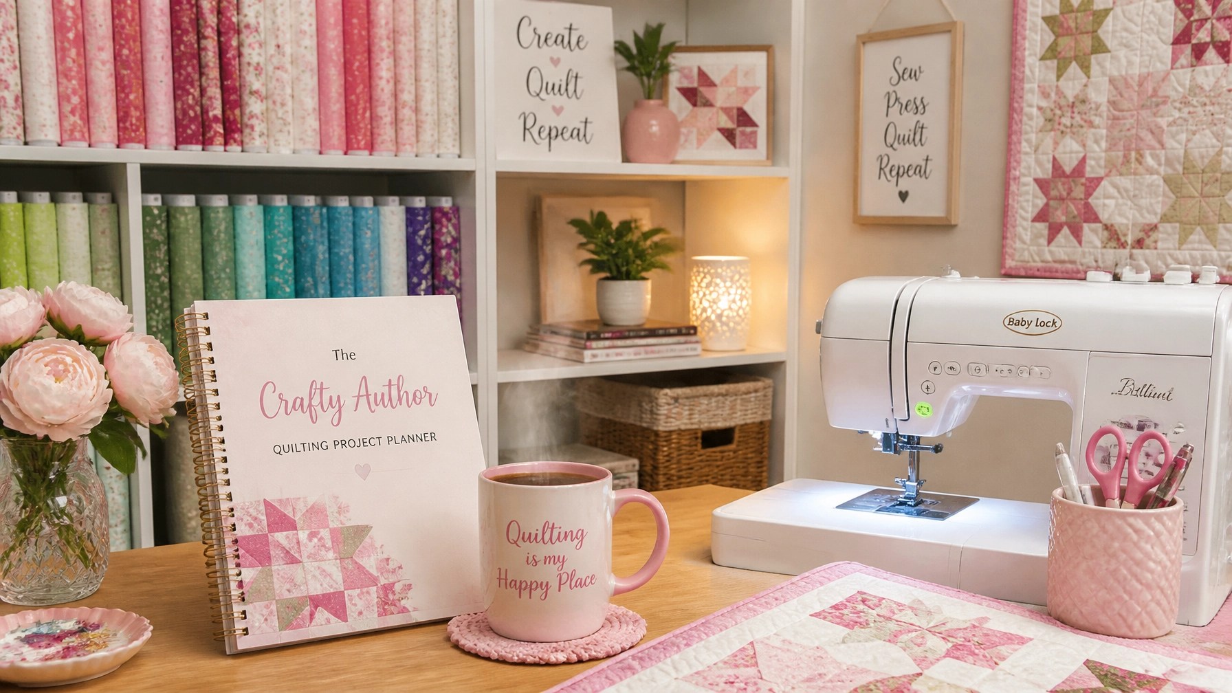 A cozy quilting studio with the planner sitting next to a sewing machine and a mug of tea