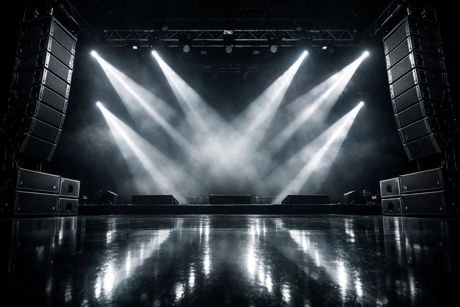 Professional lighting and sound event services featuring a minimalist stage and decor.