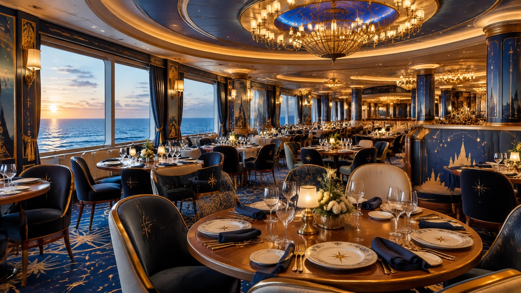 An elegant, empty cruise dining room set for an evening meal