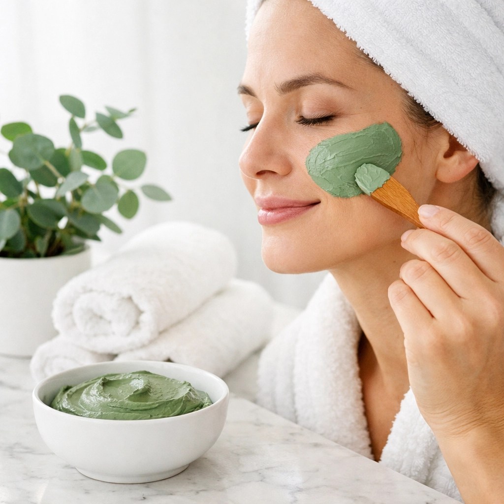 Applying a smooth layer of Clayer #1 green clay mask to the face using a wooden spatula.