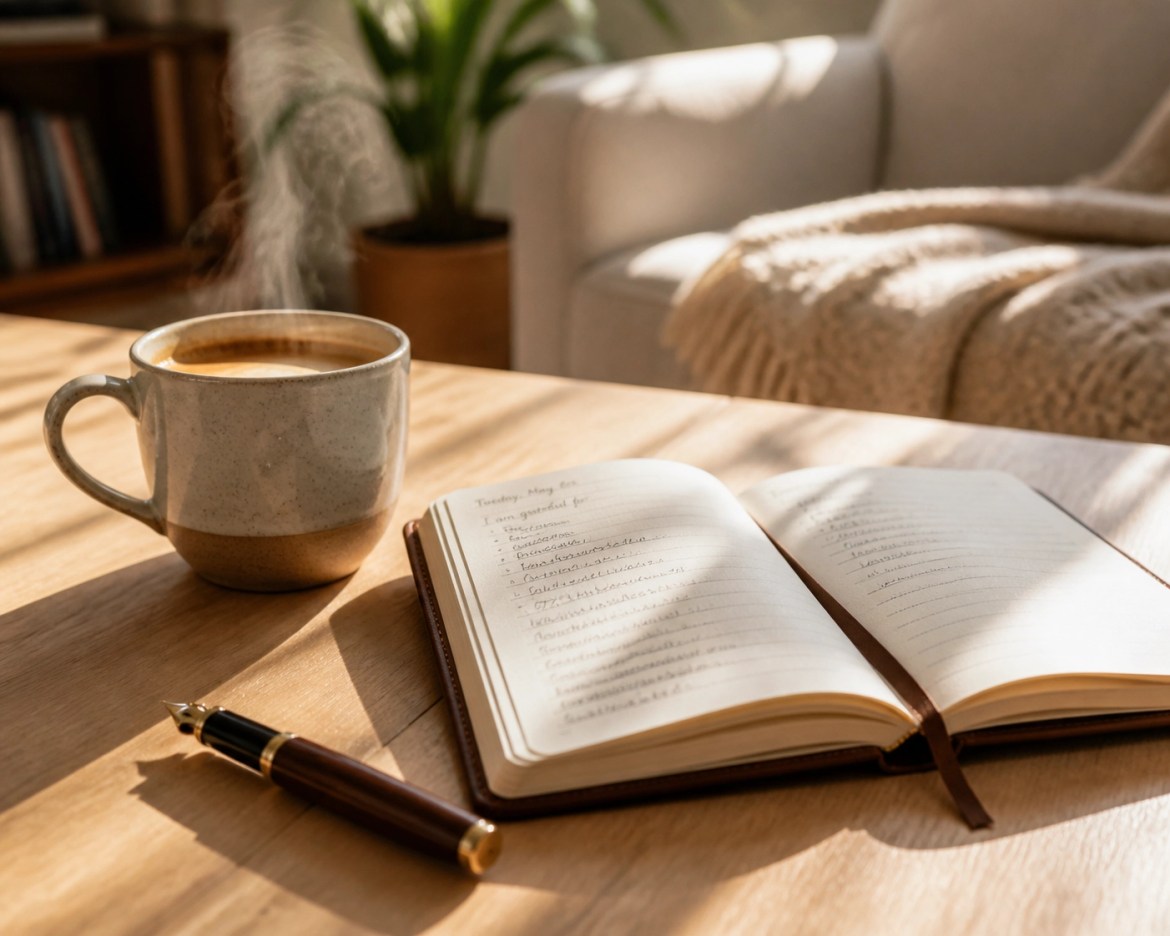 A quiet morning reflection scene with a journal and coffee, focusing on habit building and daily planning.