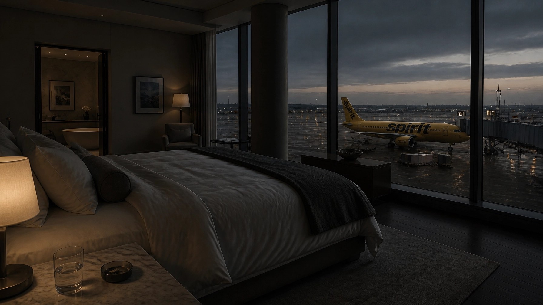 Moody airport hotel suite overlooking a grounded Spirit Airlines plane, blending Zero-Stress comfort with disruption-era grit.