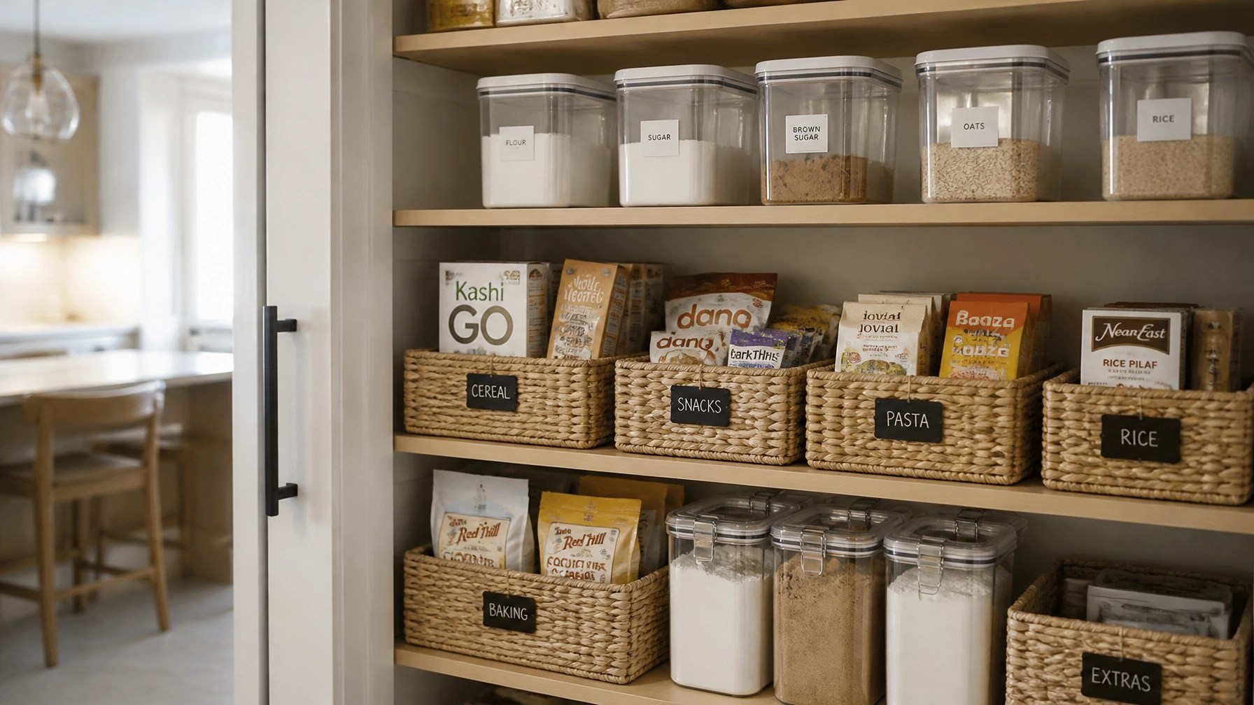 A realistic and beautiful pantry organization system featuring a mix of original packaging in bins and decanted staples.
