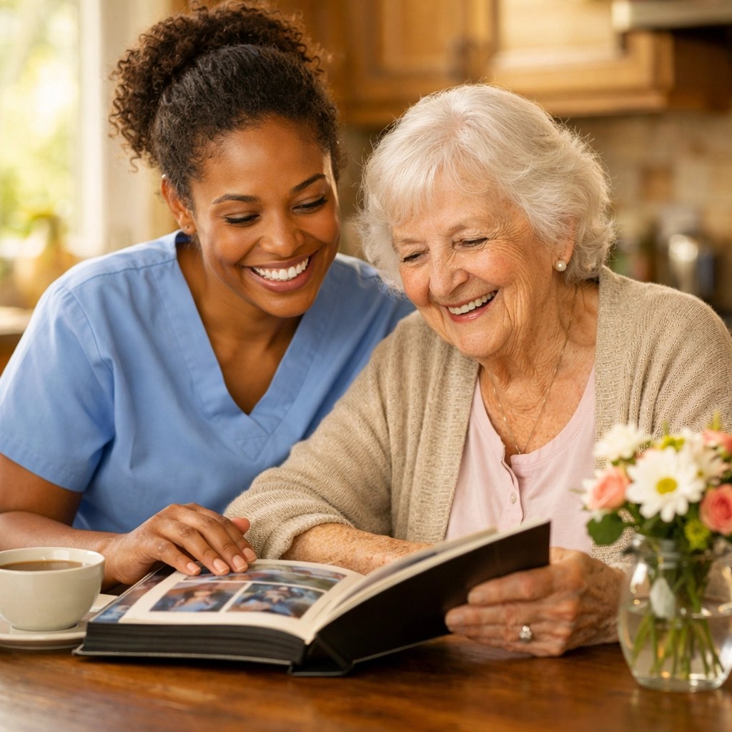 In-home caregiver providing companionship to elderly woman sharing photos at kitchen table