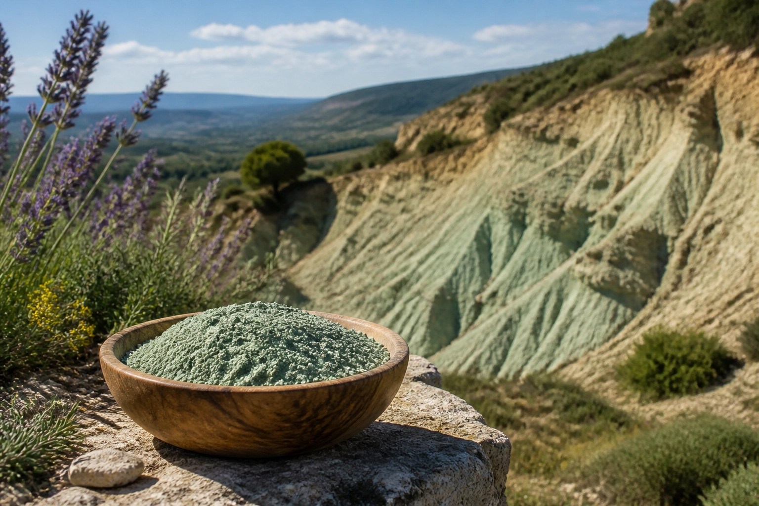 Pure French green clay powder in a bowl at its natural mineral source in France.