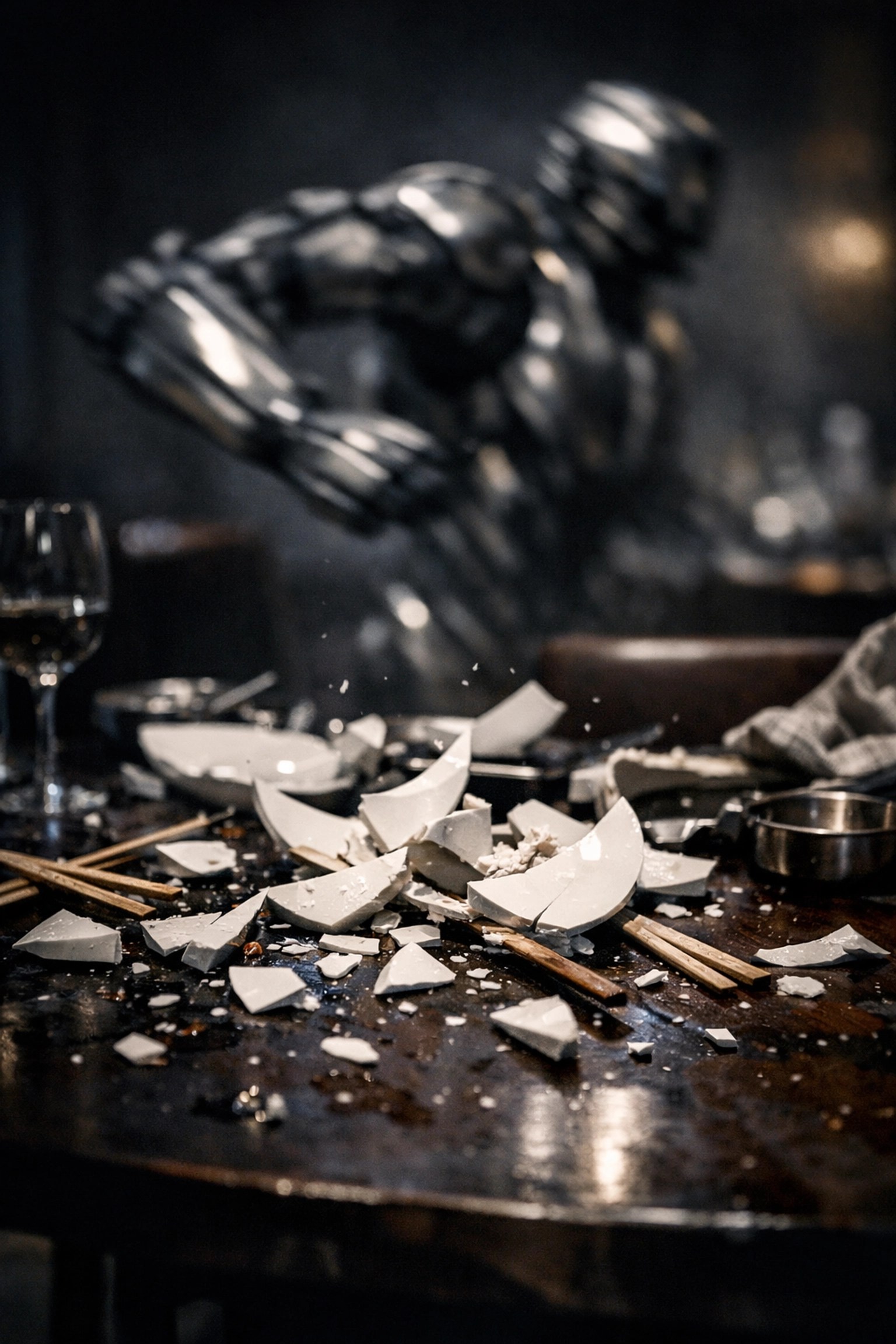 Broken plates and chopsticks on a table after a humanoid robot malfunctioned at a Cupertino hot pot restaurant.