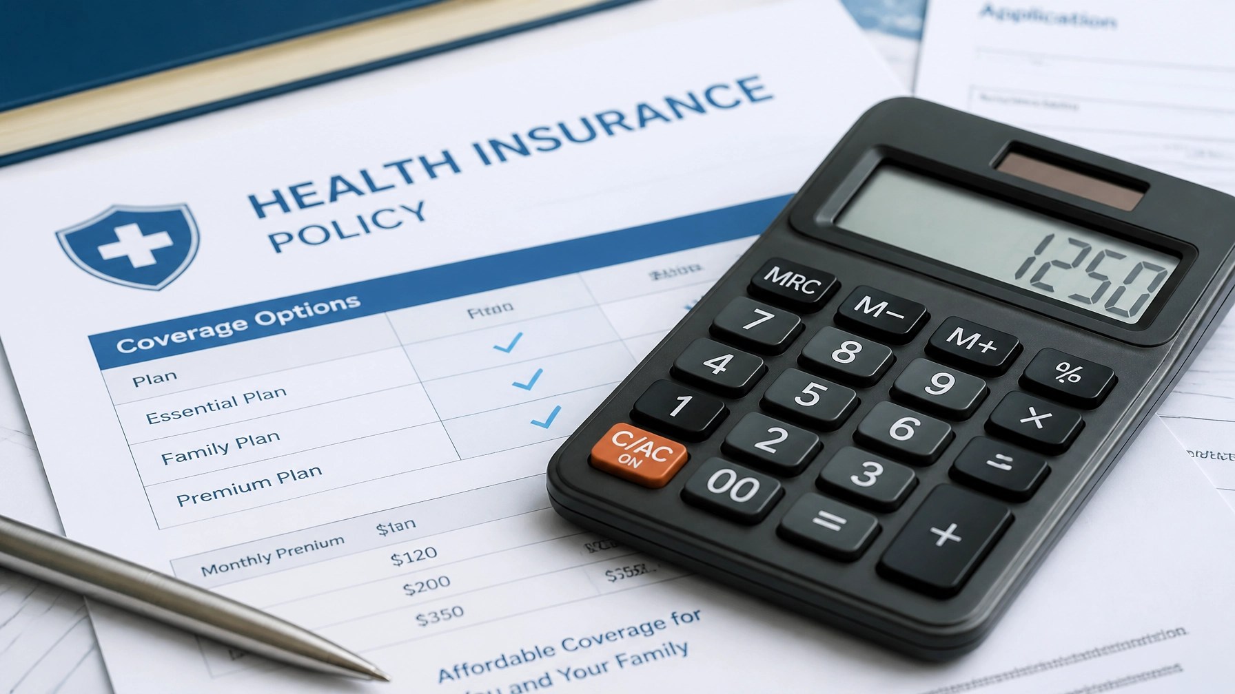 Financial calculator resting on health insurance policy documents