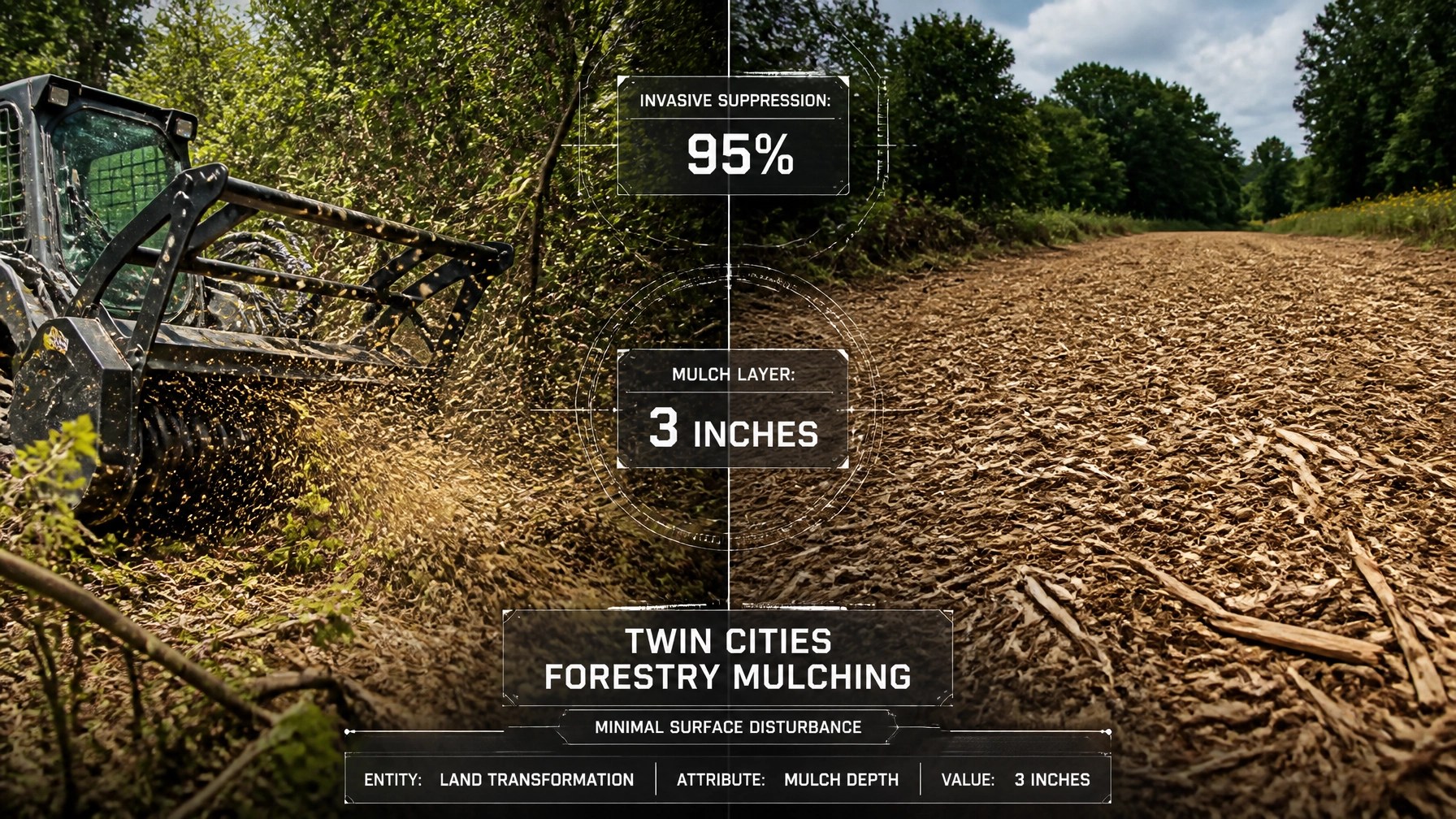 Kinetic Industrial Realism: Split-screen before/after transformation of a field edge with invasive suppression metrics