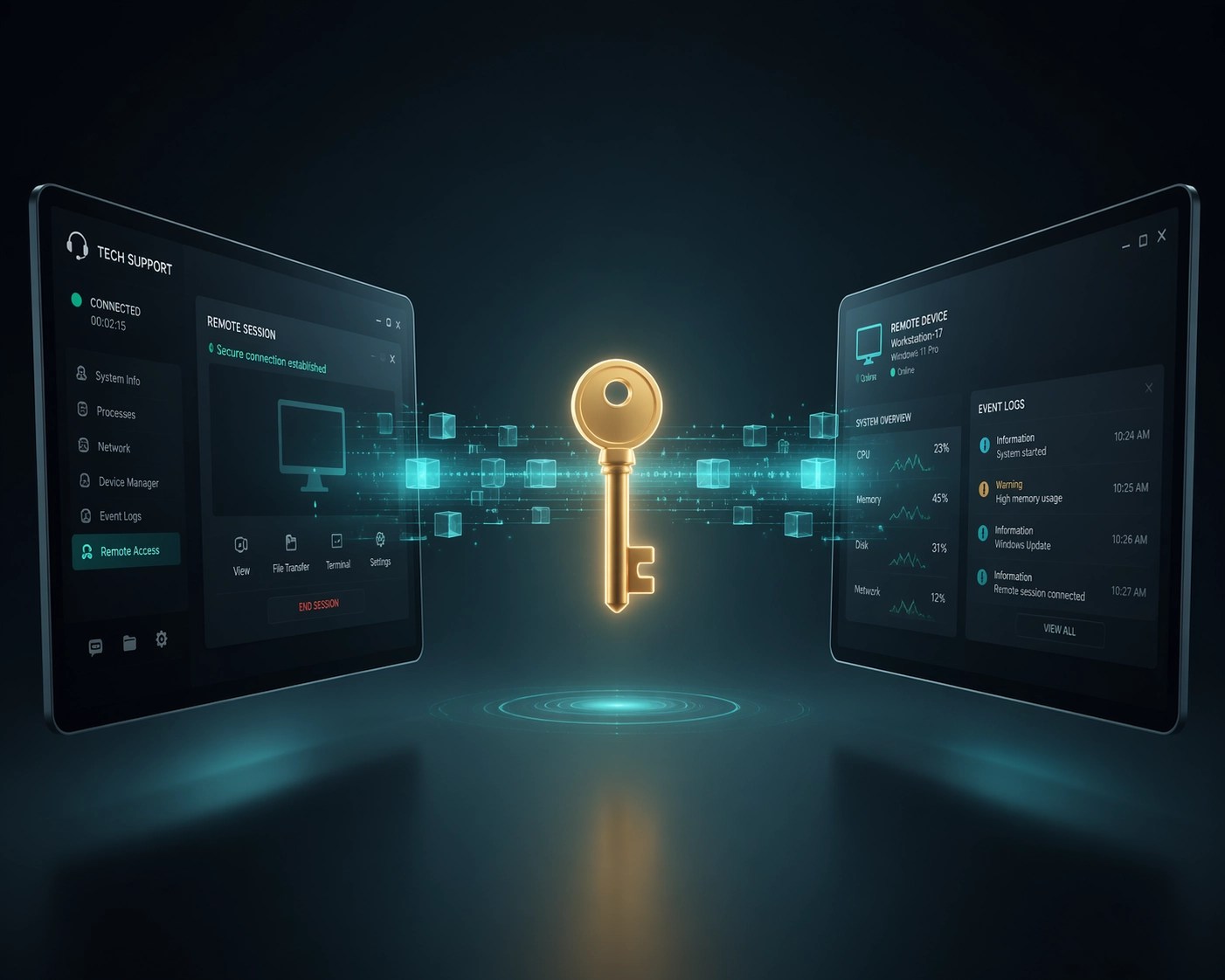 Secure remote IT troubleshooting with a digital key connecting computer screens for asset protection.