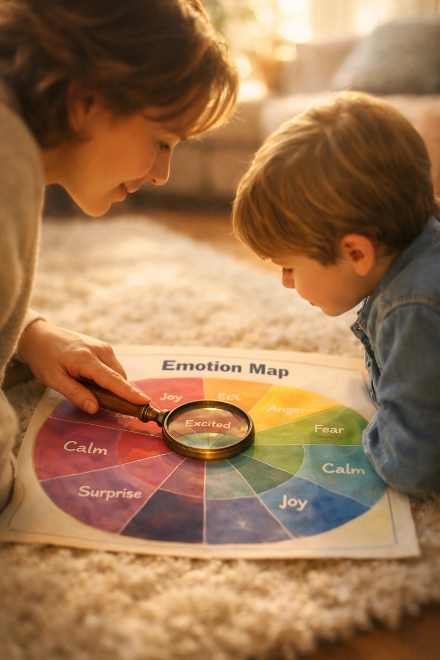 Parent and child exploring an emotion map to identify behavior triggers and improve connection.