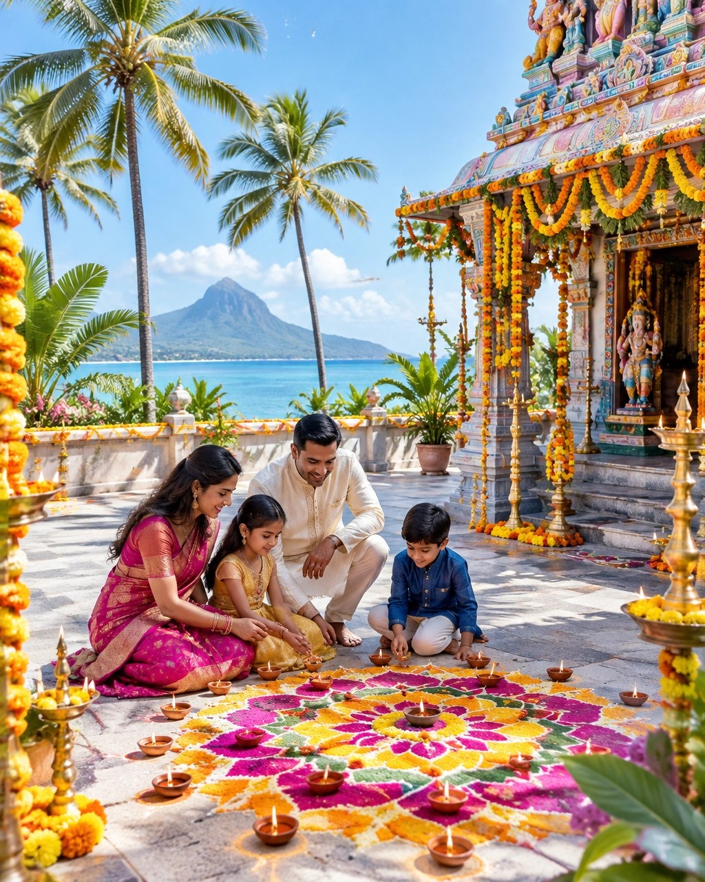 Bright Mauritius temple courtyard with rangoli, marigolds and tropical surroundings