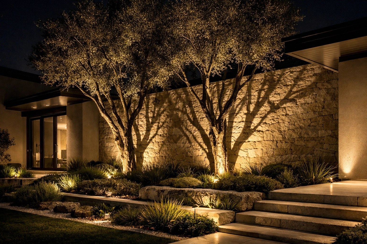 Dramatic warm tree uplighting at night, highlighting landscape layers and architectural wall textures with controlled, energy-efficient beams.