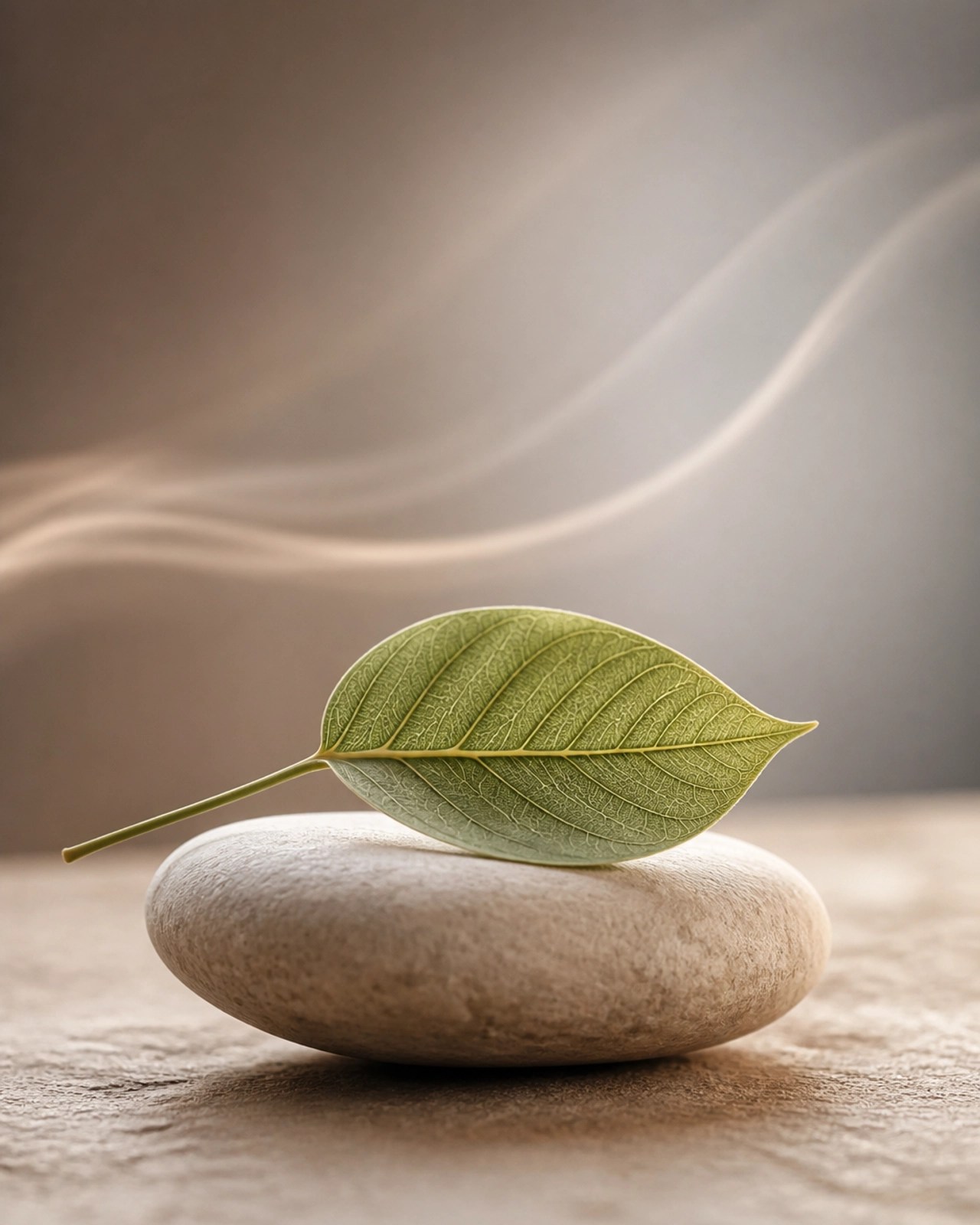 A minimalist representation of a leaf on a stone symbolizing vital breath and Prana