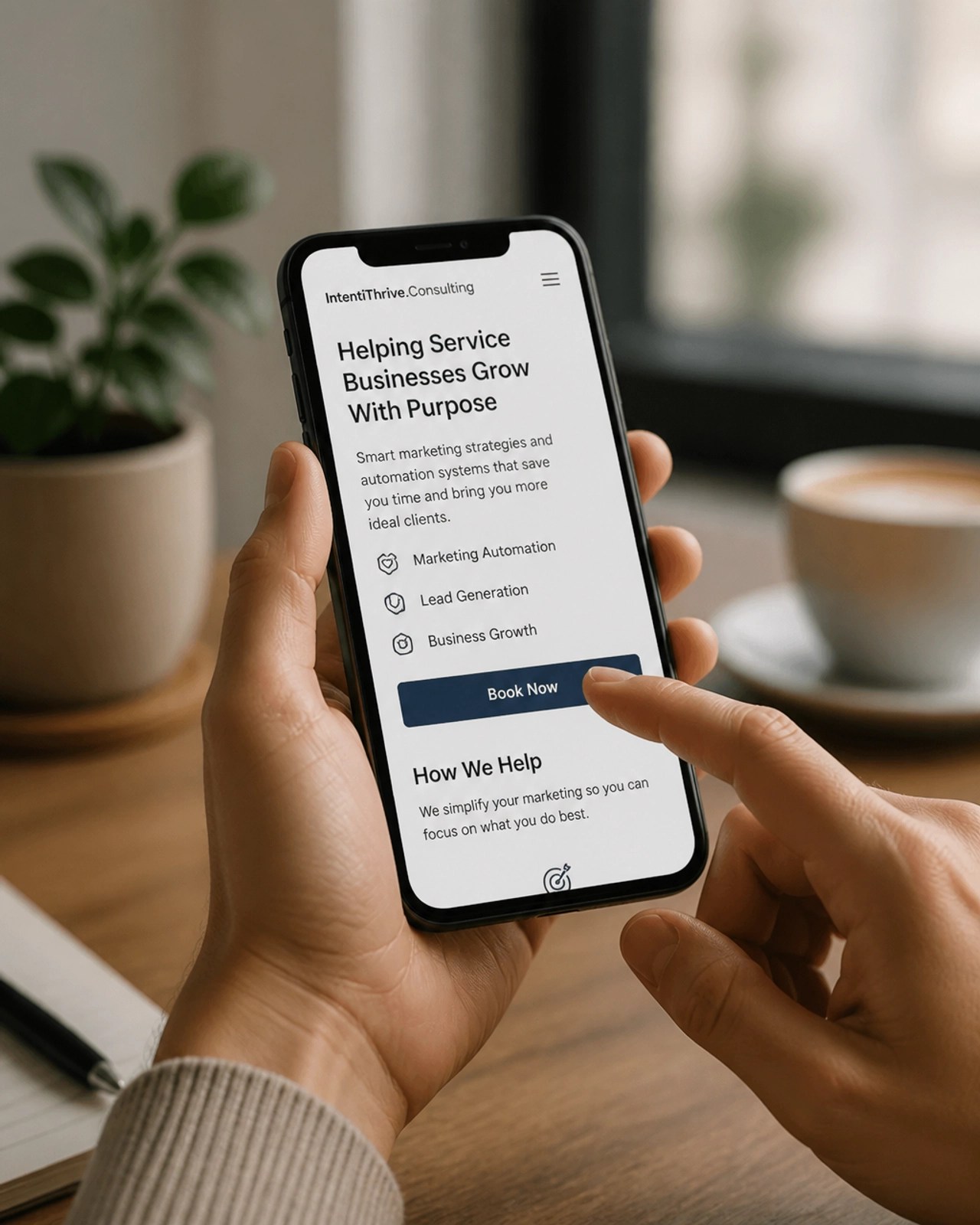 A close-up shot of a person’s hands using a smartphone to navigate a service business website.